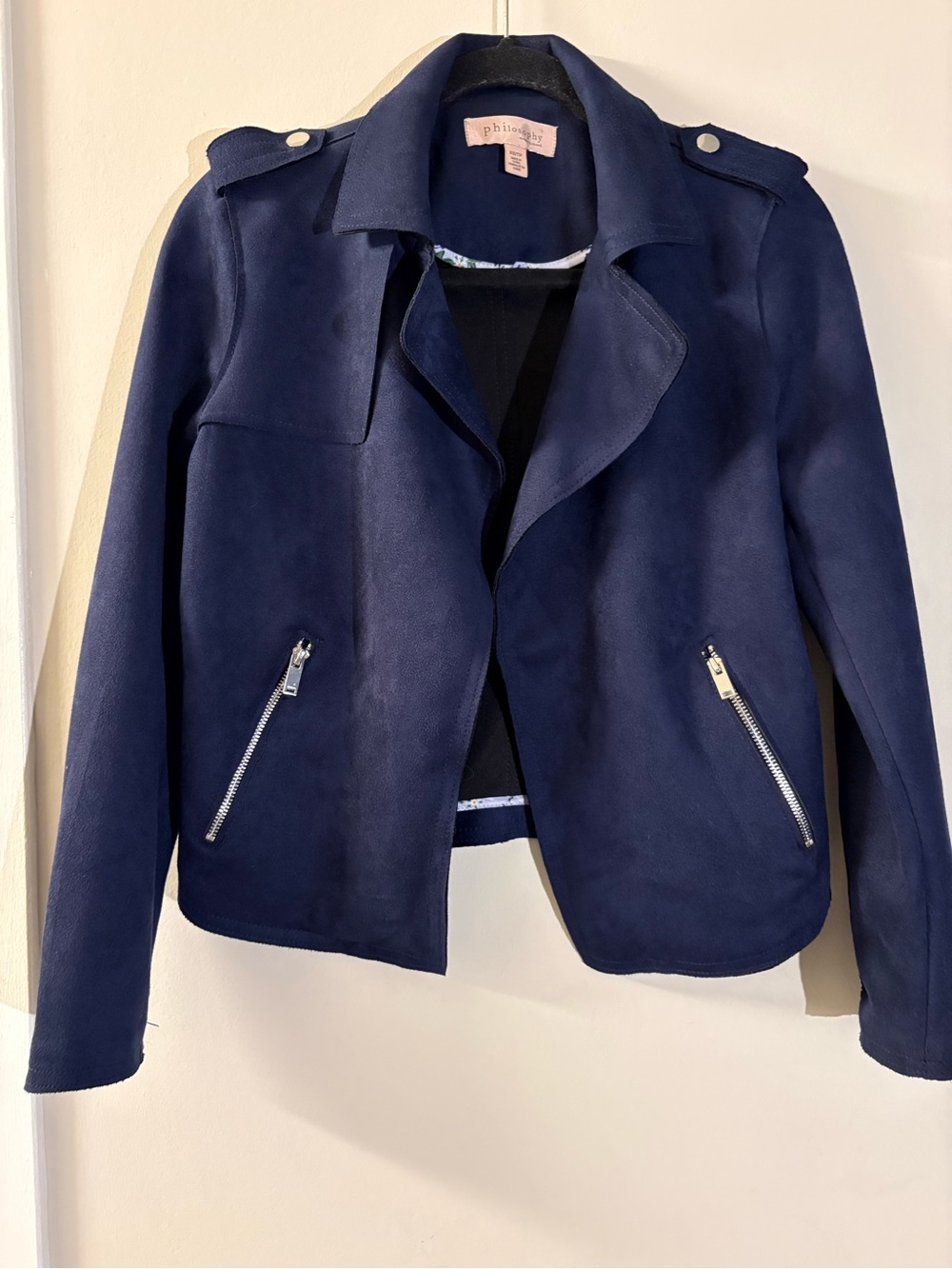 Philosophy Navy Suede-Look Moto Jacket with Silver Zippers S Fall Fashion; Cosy
